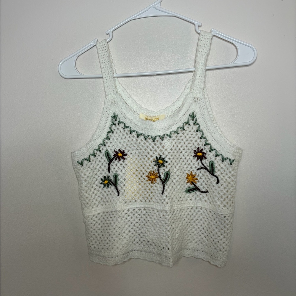 Rebellion White Crochet Crop Top with Floral Embroidery